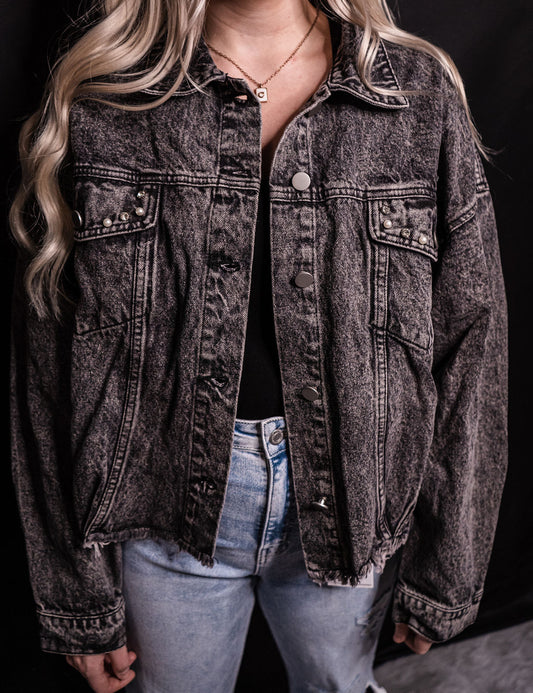 DISTRESSED BEADED DENIM JACKET