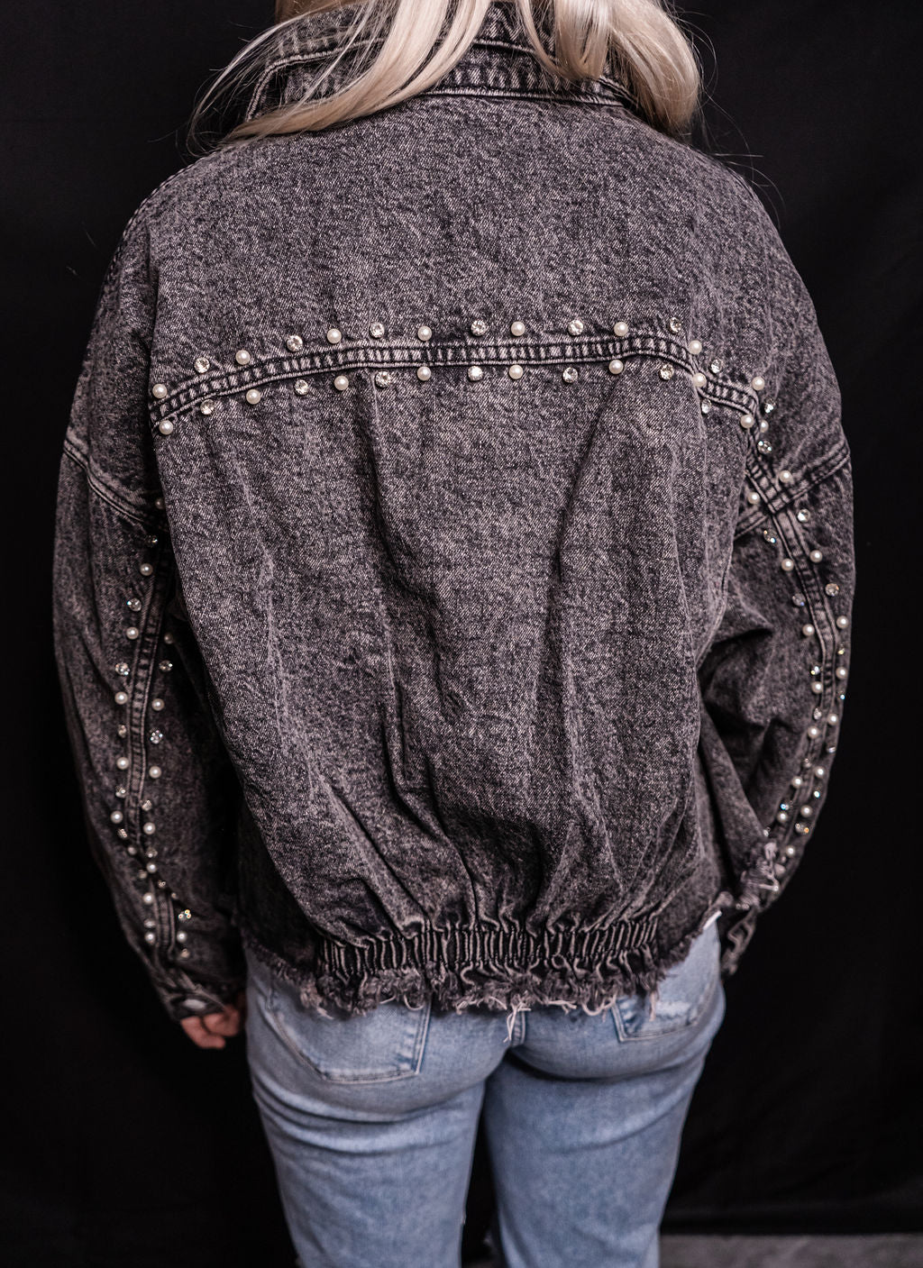 DISTRESSED BEADED DENIM JACKET