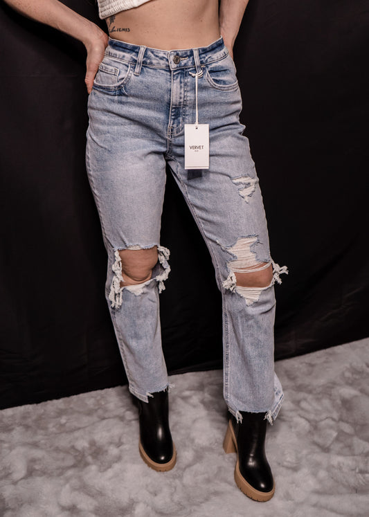 90'S SUPER HIGH RISE DISTRESSED STRAIGHT JEANS